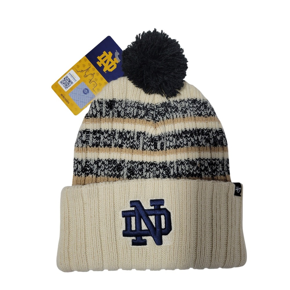 '47 Notre Dame Beanie Hat Men OSF Natural Tavern Knit Striped Pom Adult Unisex
